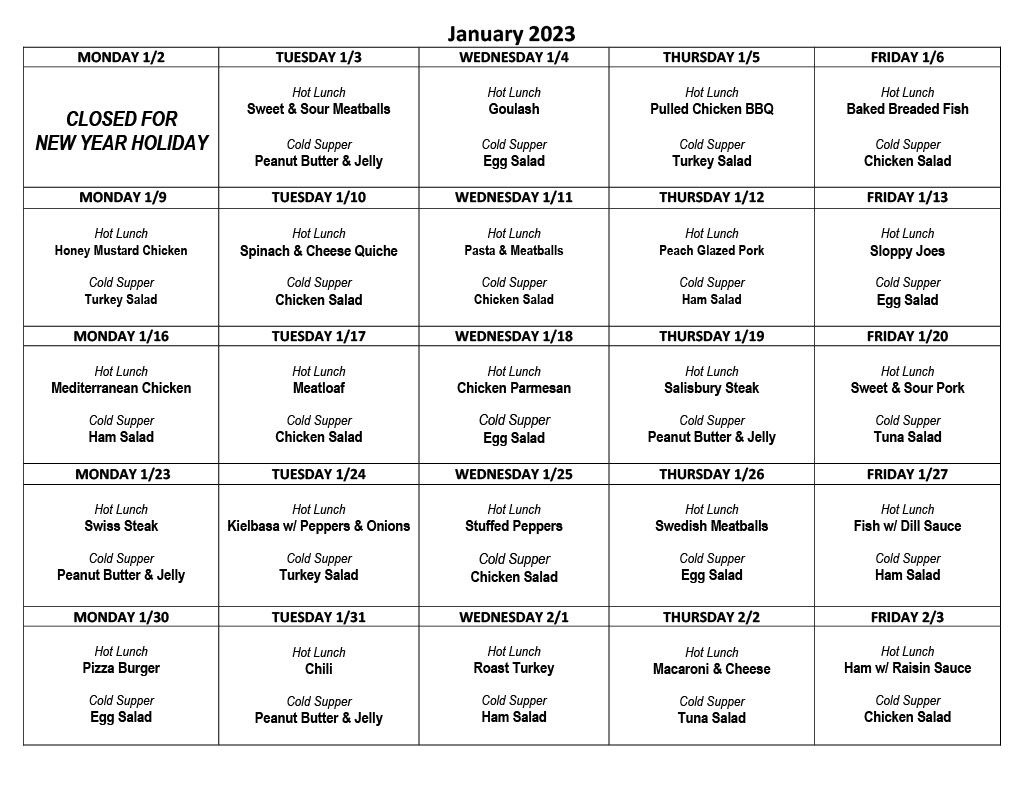 Monthly menu corning meals on wheels